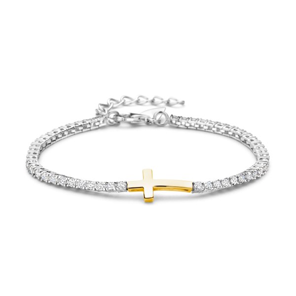 Tennisarmband mit 54 Zirkonia und Kreuz Silber 925/000 rhodiniert + teilvergoldet