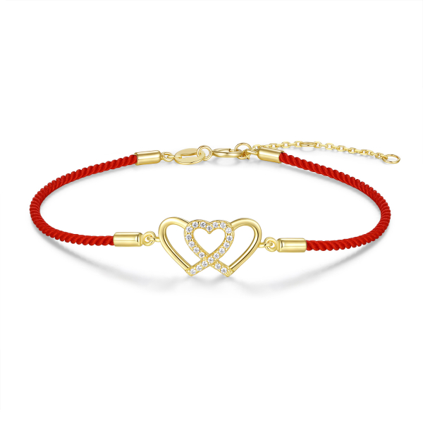 Textilarmband rot mit Herzen & Zirkonia Silber 925/000 vergoldet