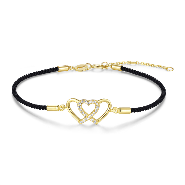 Textilarmband schwarz mit Herzen & Zirkonia Silber 925/000 vergoldet