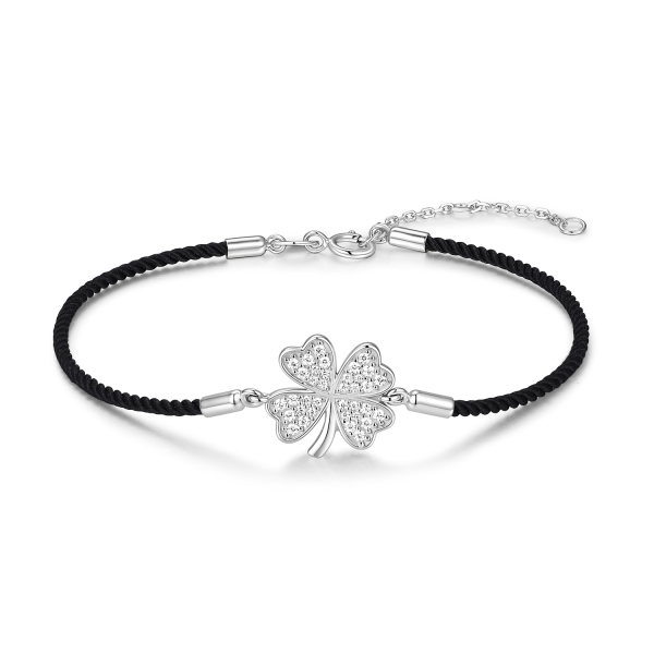 Textilarmband schwarz 19/17/16cm mit Kleeblatt 36 Zirkonia Silber 925/000 rhodiniert