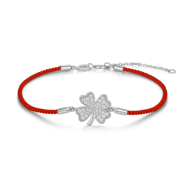 Textilarmband rot 19/17/16cm mit Kleeblatt 36 Zirkonia Silber 925/000 rhodiniert