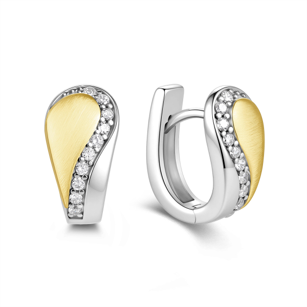 Klappcreolen Bicolor 14mm mit 20 Zirkonia Silber 925/000 rhodiniert & vergoldet