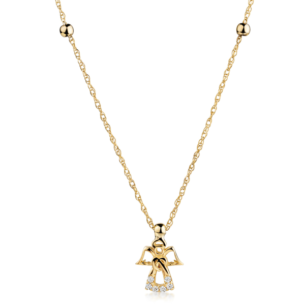 Collier 45/42cm mit 2 Kugeln und Anhänger Engel 6 Zirkonia Gold 333/000