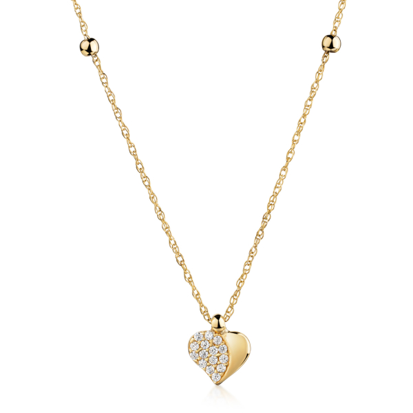 Collier 45/42cm mit 2 Kugeln und Anhänger Herz 15 Zirkonia Gold 333/000