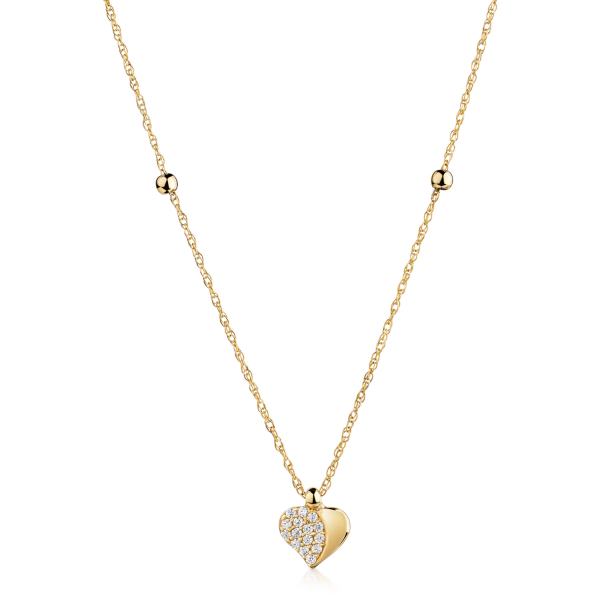 Collier 45/42cm mit 2 Kugeln und Anhänger Herz 15 Zirkonia Gold 333/000