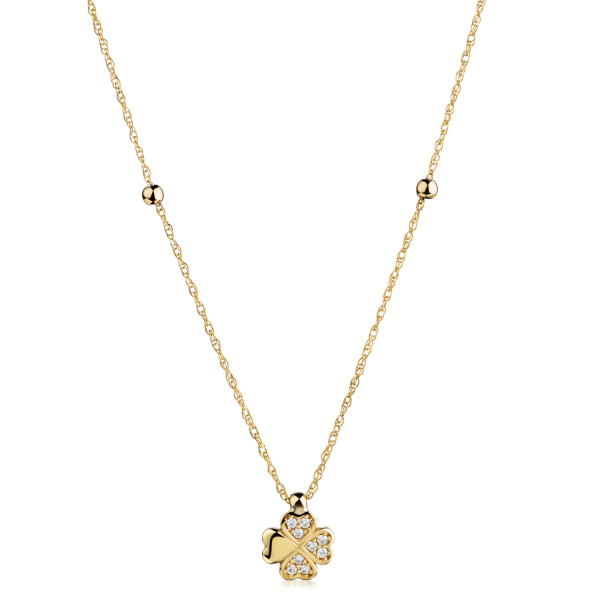 Preview: Collier 45/42cm mit 2 Kugeln und Kleeblatt 9 Zirkonia Gold 333/000