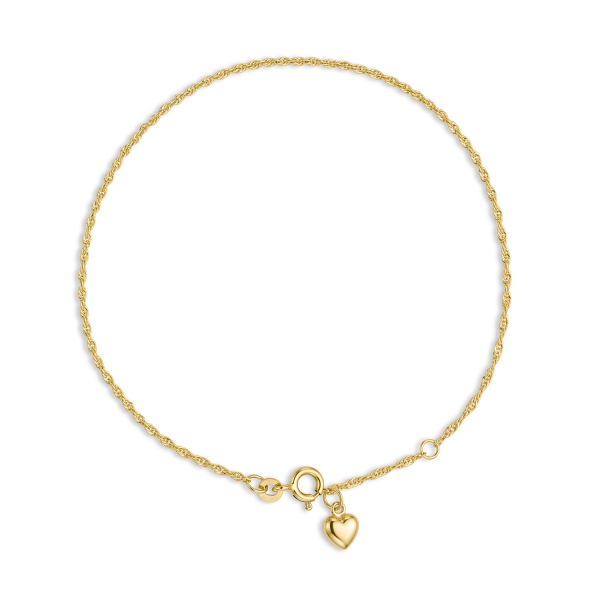 Singapur-Fußkette 333 Gold 25 cm mit Herz-Anhänger, verstellbar auf 23 cm