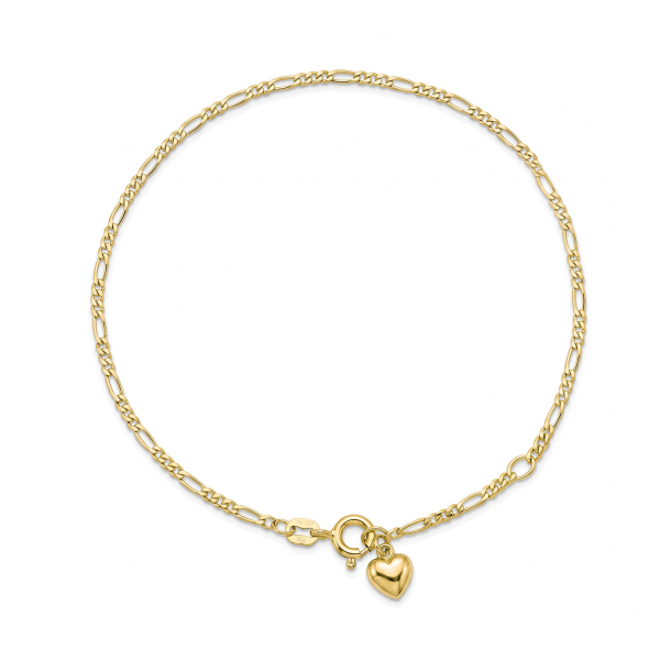 Figaro-Fußkette 333 Gold 25 cm mit Herz-Anhänger, verstellbar auf 23 cm