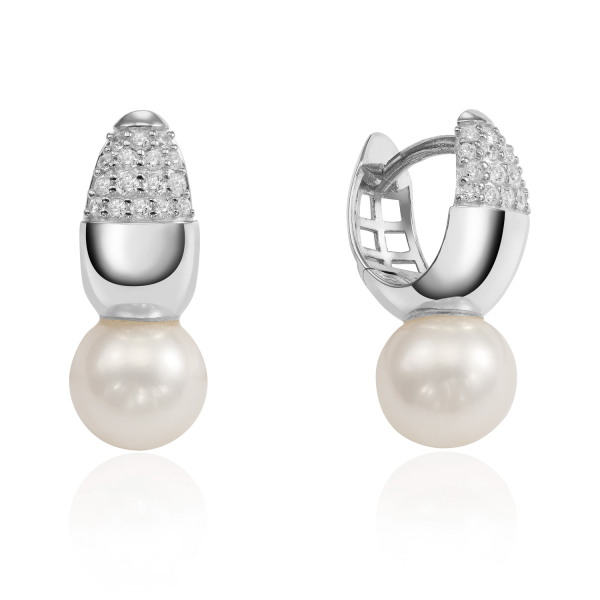 Klappcreolen mit Süßwasser-Zuchtperle 7-7,5mm und 32 Zirkonia Silber 925/000 rhodiniert