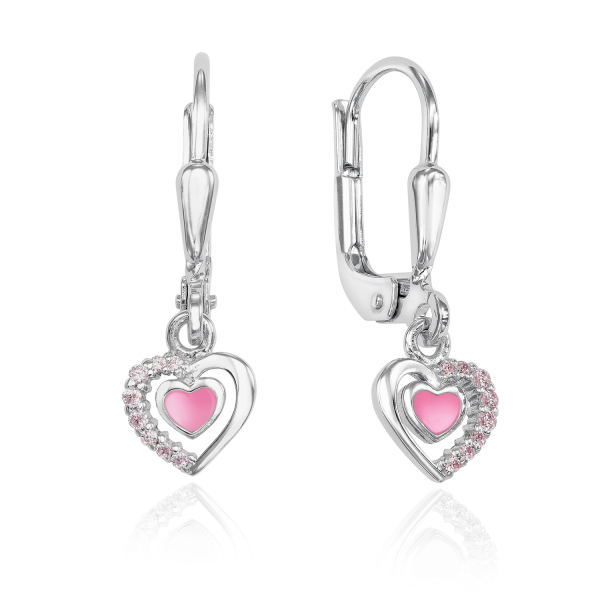 Ohrhänger Herz mit 16 Zirkonia/Lack pink Silber 925/000 rhodiniert