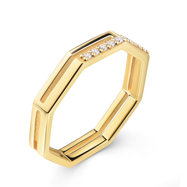 Ring Achtkant 10 Zirkonia Silber 925/000 vergoldet