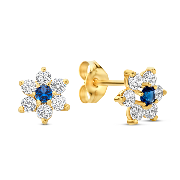 Ohrstecker Blume Steinbesatz weiß/blau Gold 585/000