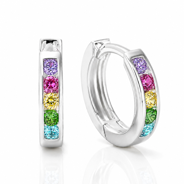 Klappcreolen Ø11,5mm mit 10 Zirkonia Multicolor Silber 925/000 rhodiniert