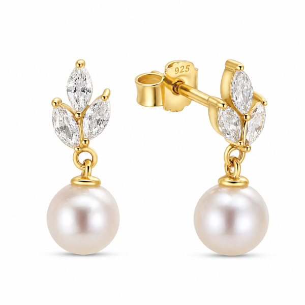 Ohrstecker Süßwasser-Zuchtperle und 3 Zirkonia Silber 925/000 vergoldet