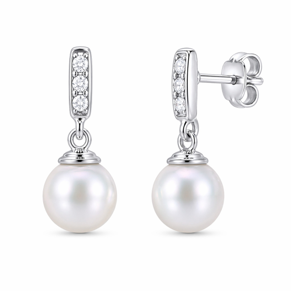Ohrstecker Süßwasser-Zuchtperle und 6 Zirkonia Silber 925/000 rhodiniert