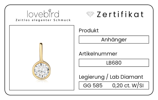 Lovebird Anhänger mit Lab Grown Brillant 0,20 ct. Gelbgold 585/000