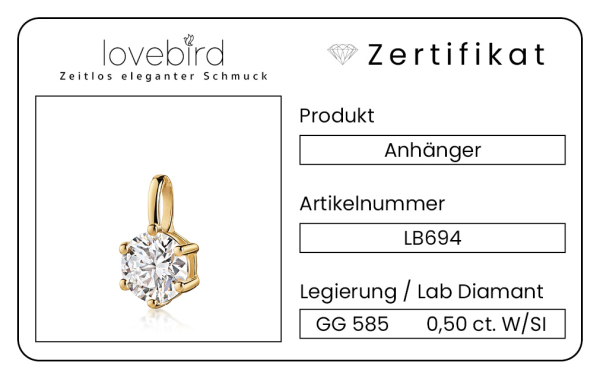 Lovebird Anhänger mit Lab Grown Brillant 0,50 ct. Gelbgold 585/000