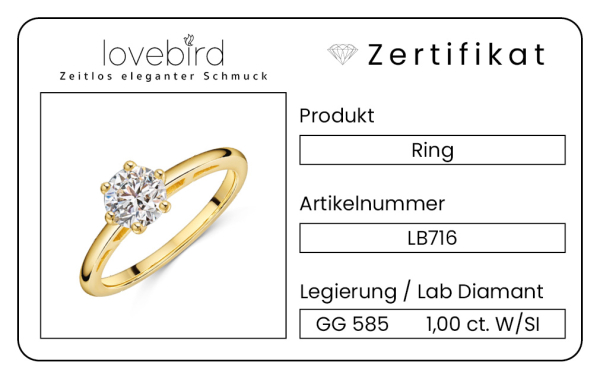 Lovebird Damenring mit Lab Grown Brillant 1,00 ct. Gelbgold 585/000