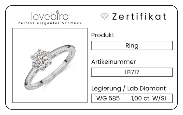 Lovebird Damenring mit Lab Grown Brillant 1,00 ct. Weißgold 585/000