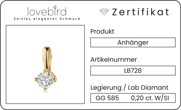 Preview: Lovebird Anhänger mit Lab Grown Brillant 0,20 ct. Gelbgold 585/000