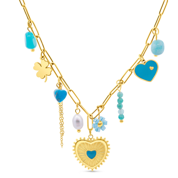 Lovebird Collier mit Herzen,  Amazonite, Jaspis, SWZP und Jade Edelstahl IPG