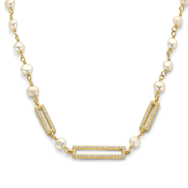Collier mit Süßwasser-Zuchtperle und Zirkonia Silber 925/000 vergoldet