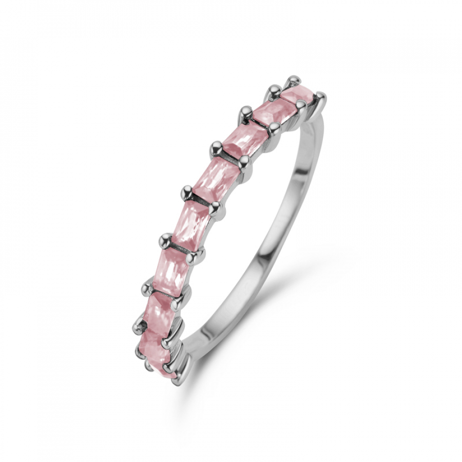 Damenring 9 Zirkonia pink mit Baguetteschliff Silber 925/000 rhodiniert