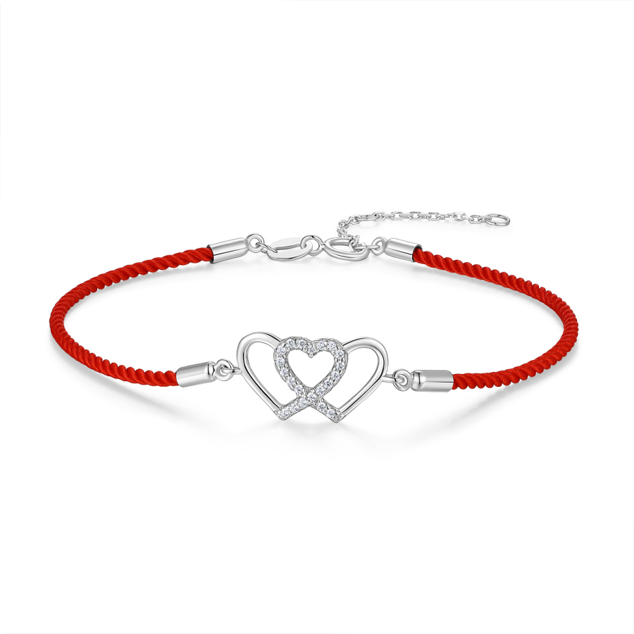 Textilarmband rot mit Herzen & Zirkonia Silber 925/000 rhodiniert