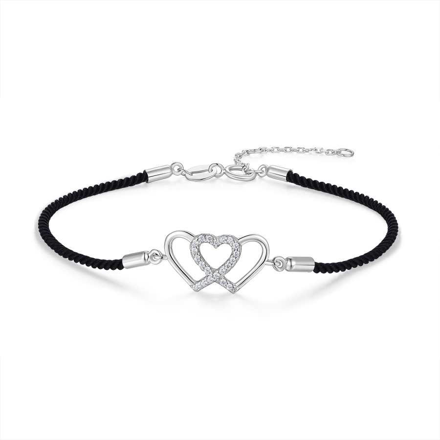Textilarmband schwarz mit Herzen & Zirkonia Silber 925/000 rhodiniert
