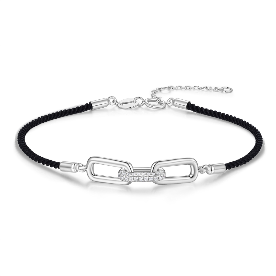 Textilarmband schwarz mit Silberelementen & Zirkonia Silber 925/000 rhodiniert