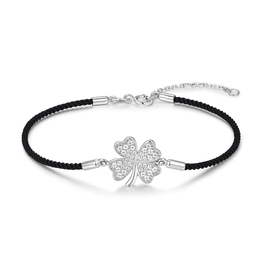 Textilarmband schwarz 19/17/16cm mit Kleeblatt 36 Zirkonia Silber 925/000 rhodiniert