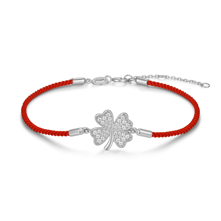 Textilarmband rot 19/17/16cm mit Kleeblatt 36 Zirkonia Silber 925/000 rhodiniert