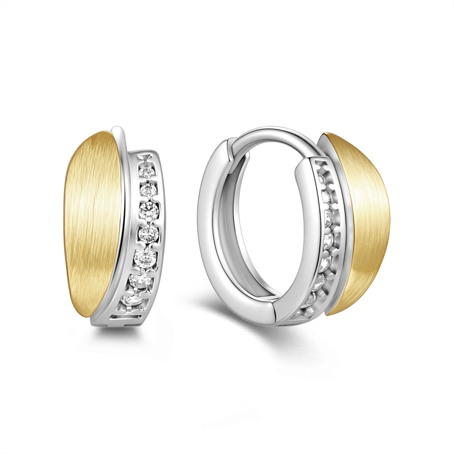 Klappcreolen Bicolor 13mm mit 14 Zirkonia Silber 925/000 rhodiniert & vergoldet