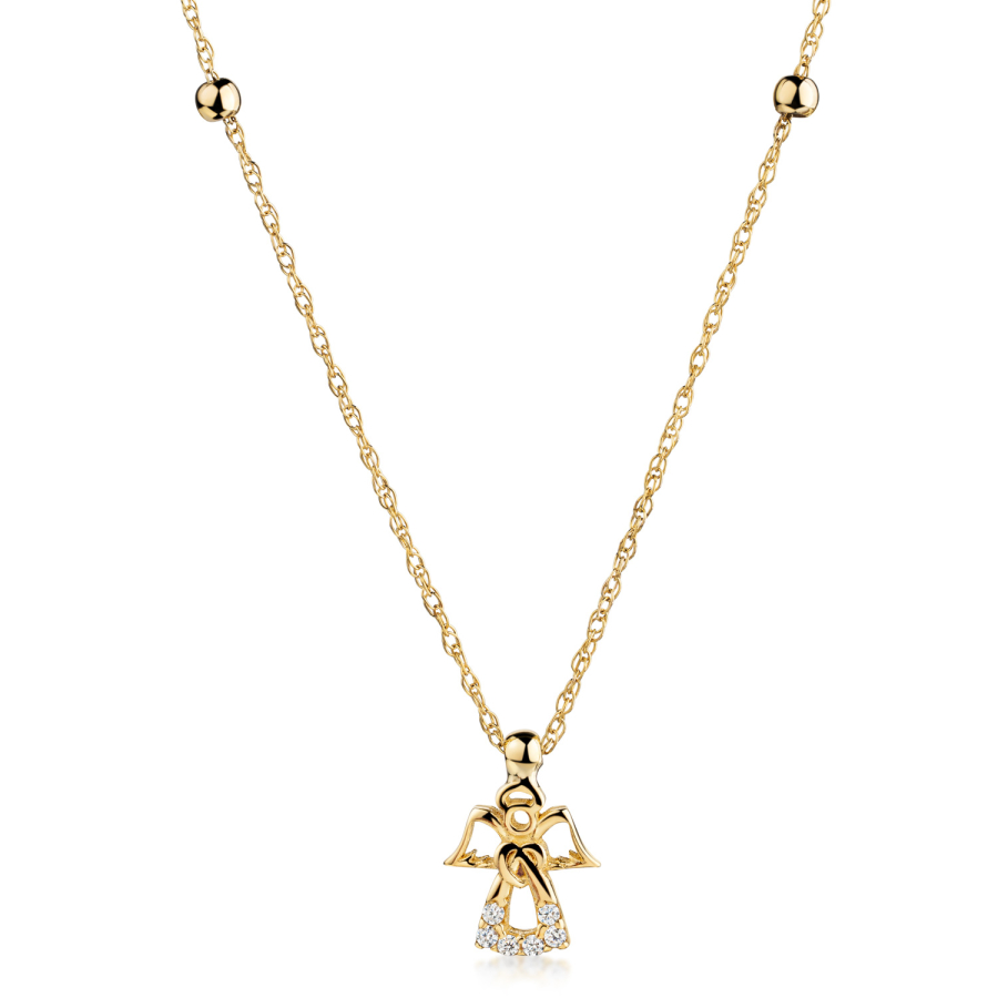 Collier 45/42cm mit 2 Kugeln und Anhänger Engel 6 Zirkonia Gold 333/000