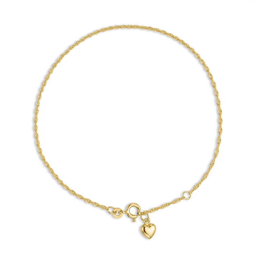 Singapur-Fußkette 333 Gold 25 cm mit Herz-Anhänger, verstellbar auf 23 cm