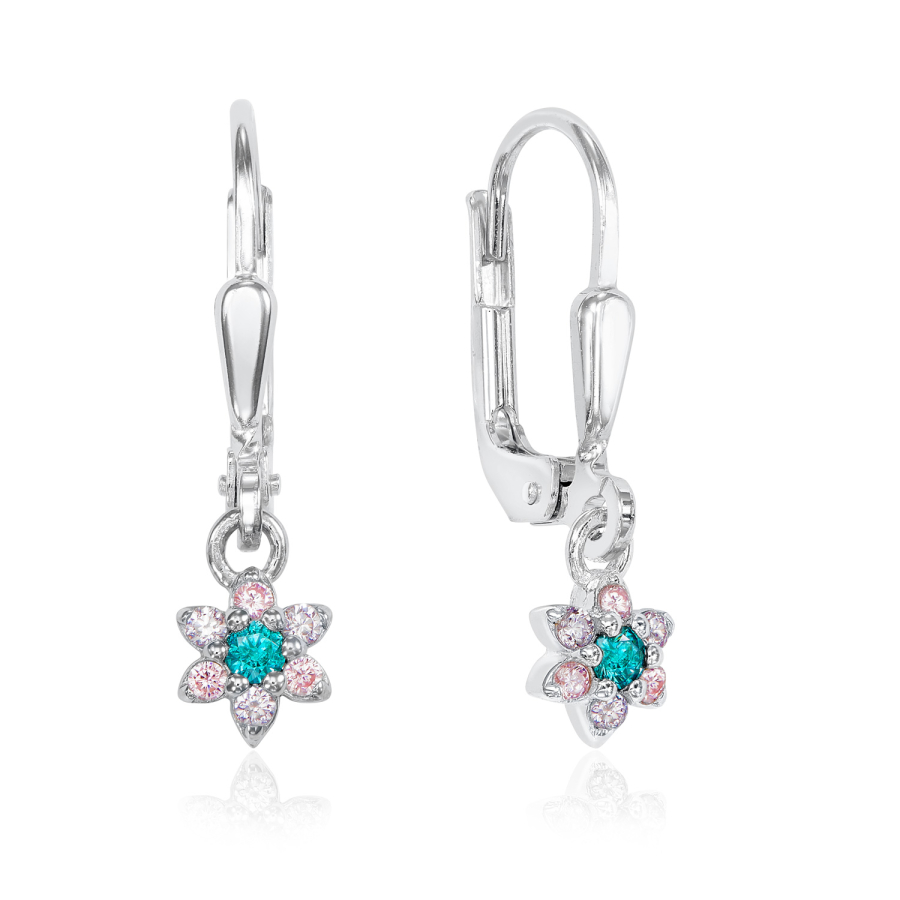 Ohrhänger Blume mit 14 Zirkonia bunt Silber 925/000 rhodiniert