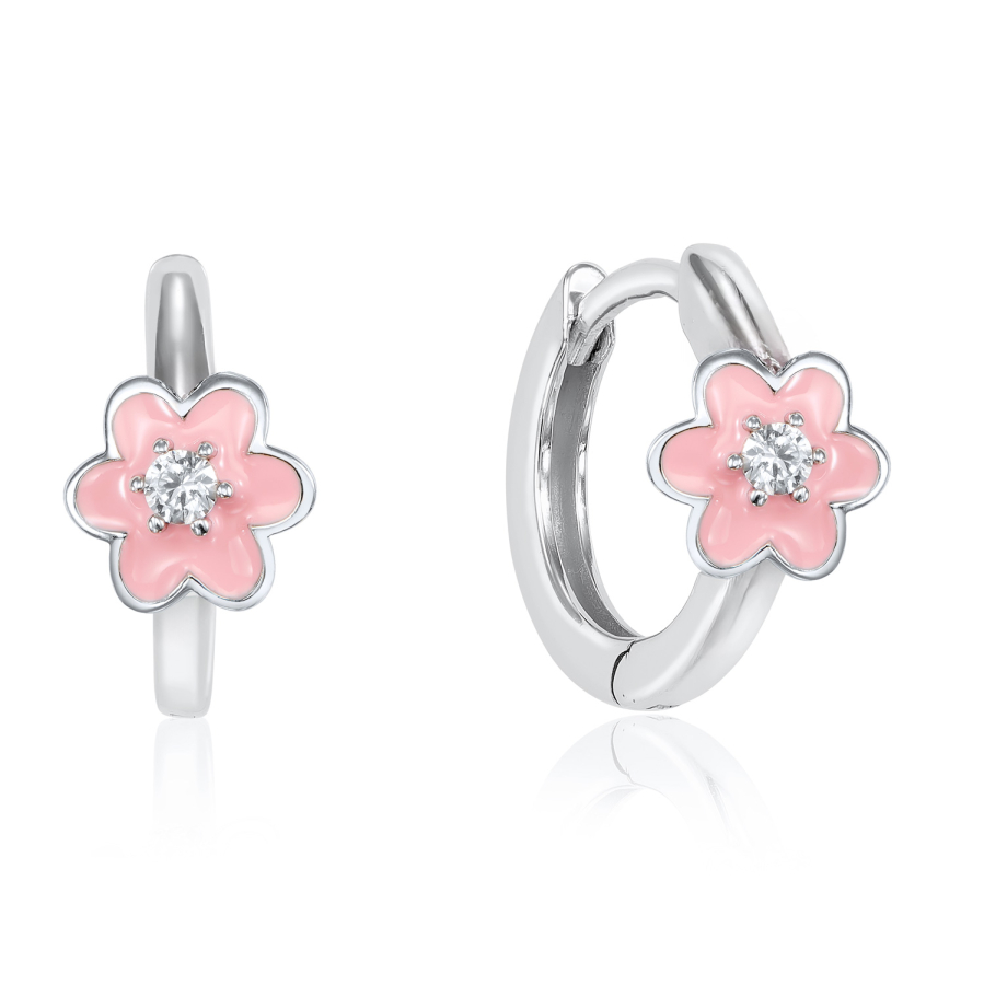 Klappcreolen Blume mit Zirkonia/Lack pink Silber 925/000 rhodiniert