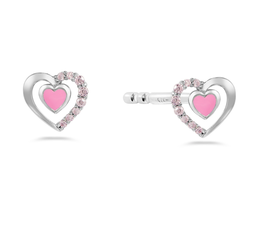 Ohrstecker Herz mit 16 Zirkonia/Lack pink Silber 925/000 rhodiniert