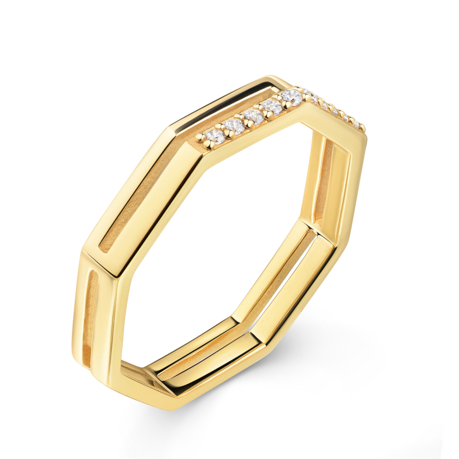 Ring Achtkant 10 Zirkonia Silber 925/000 vergoldet