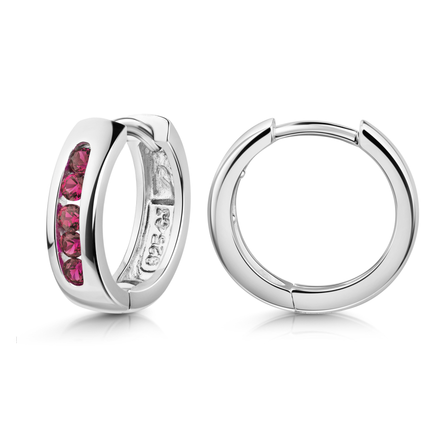 Klappcreolen Ø13mm mit 10 Zirkonia rot Silber 925/000 rhodiniert