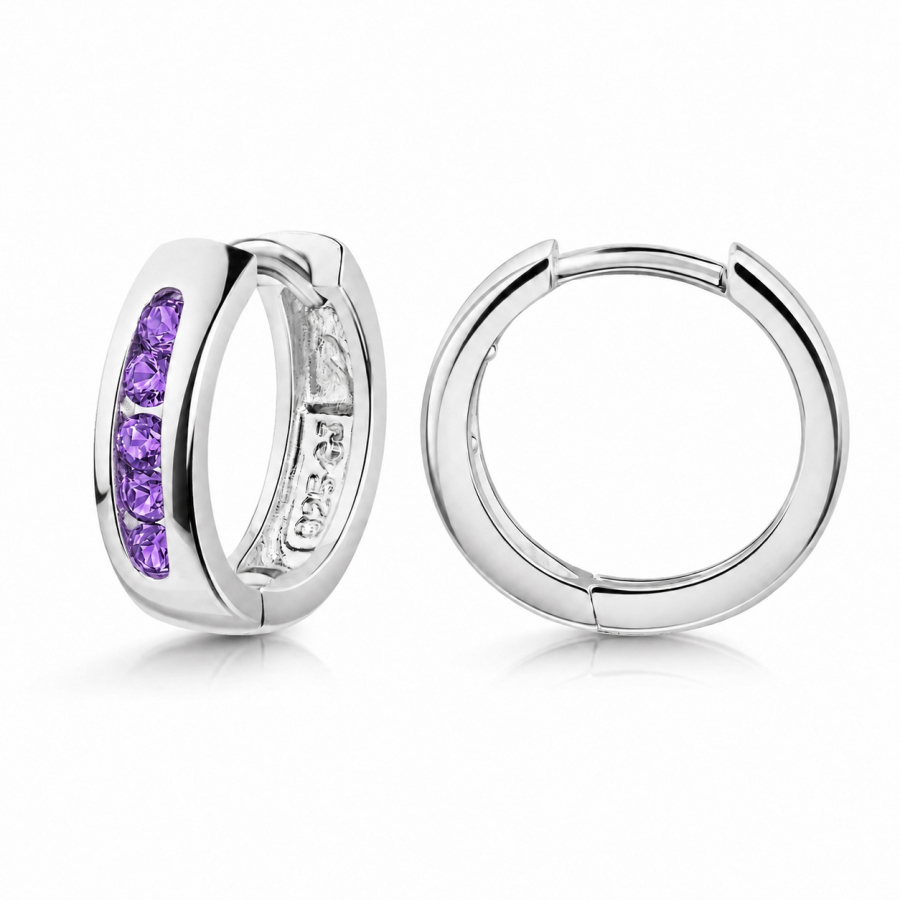 Klappcreolen Ø13mm mit 10 Zirkonia amethystfaben Silber 925/000 rhodiniert