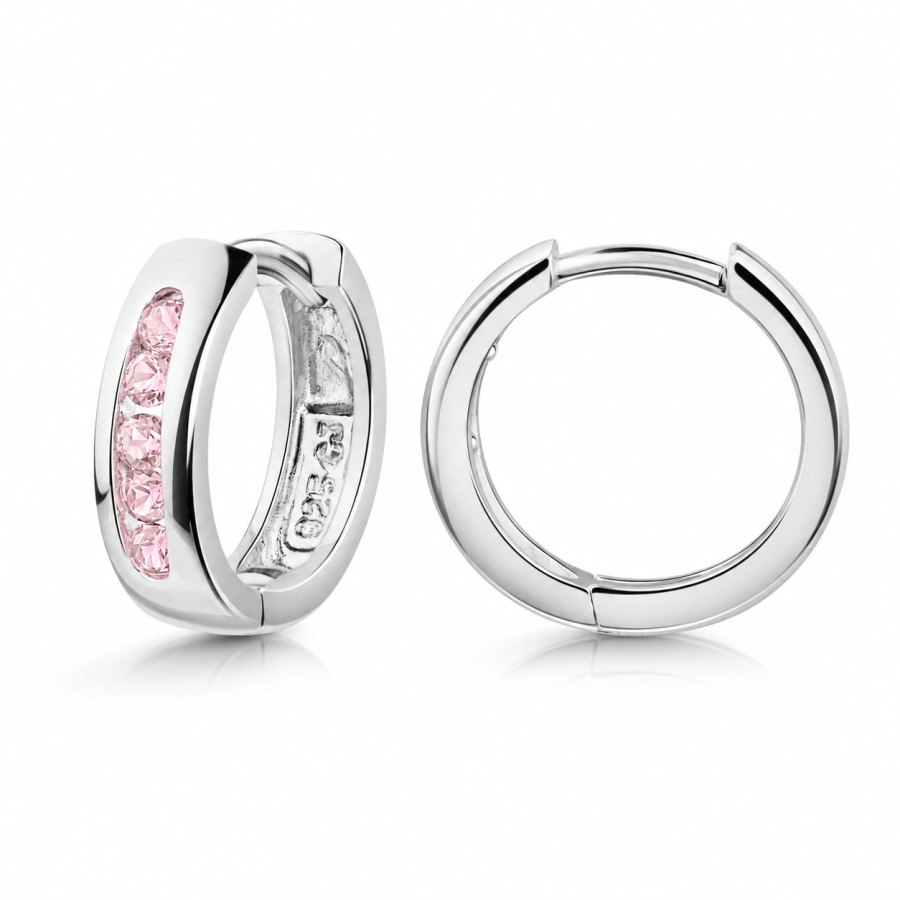 Klappcreolen Ø13mm mit 10 Zirkonia rosa Silber 925/000 rhodiniert