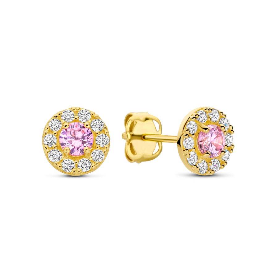 Ohrstecker Ø 5,5mm mit 22 Zirkonia weiß/rosa Gold 585/000