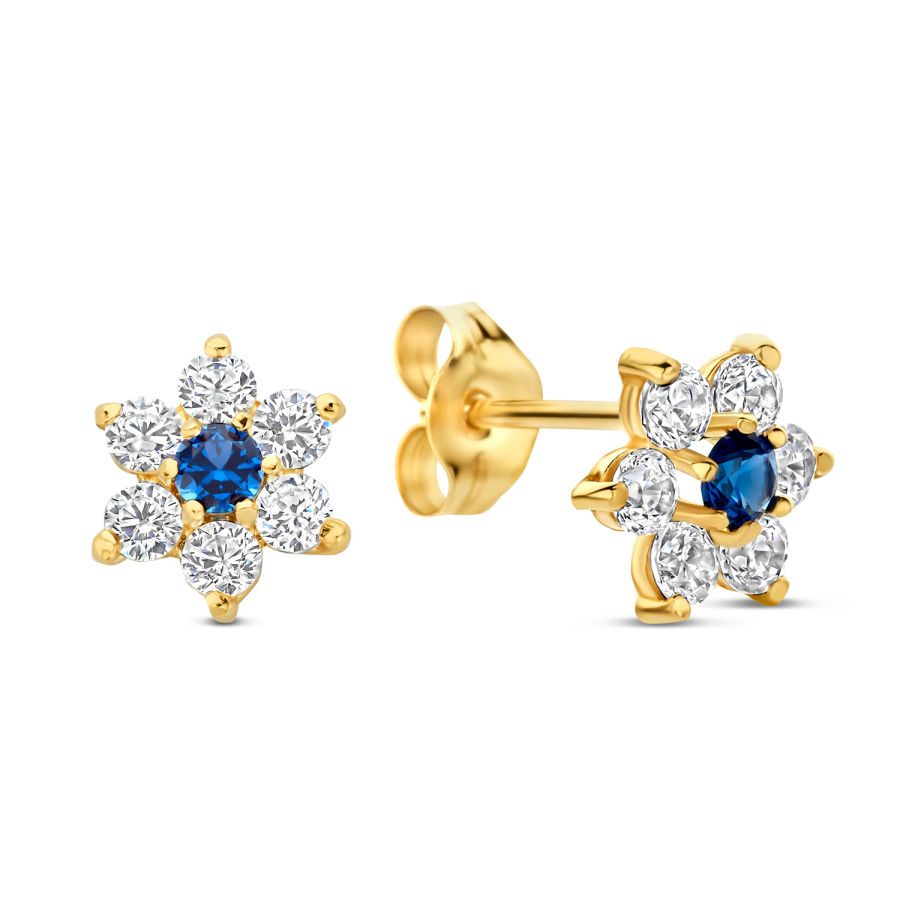 Ohrstecker Blume Steinbesatz weiß/blau Gold 585/000