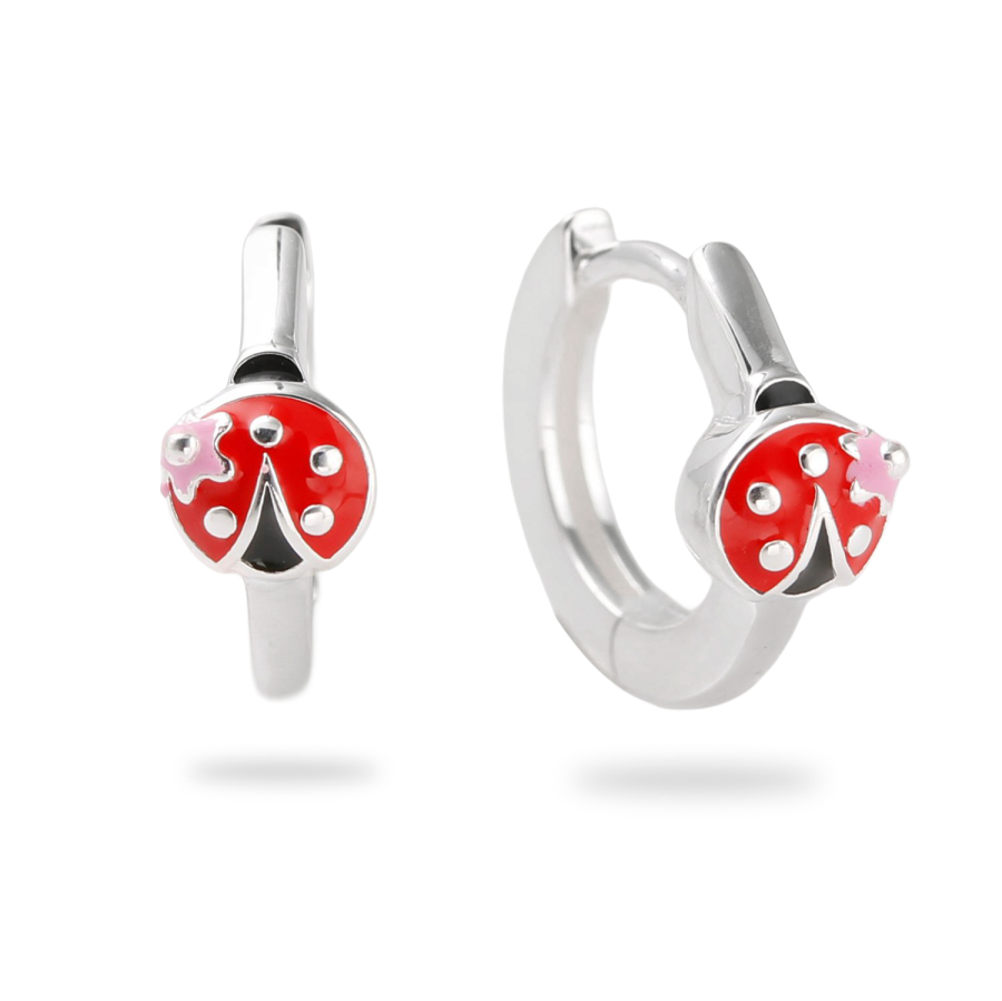 Klappcreolen Marienkäfer mit Blume Silber 925/000 rhodiniert