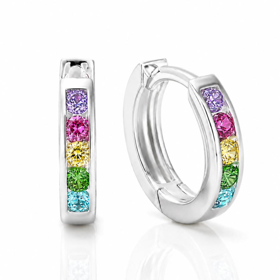 Klappcreolen Ø11,5mm mit 10 Zirkonia Multicolor Silber 925/000 rhodiniert
