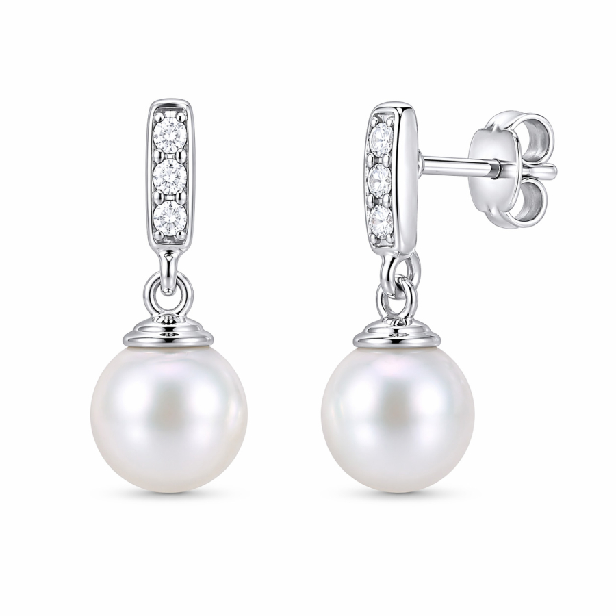 Ohrstecker Süßwasser-Zuchtperle und 6 Zirkonia Silber 925/000 rhodiniert