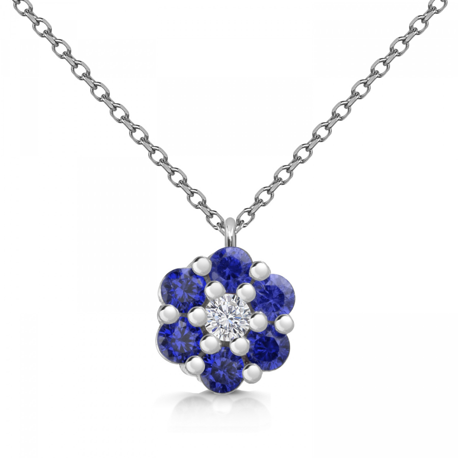 Set Collier & Ohrstecker Blume mit 21 Zirkonia blau/weiß Silber 925/000 rhodiniert