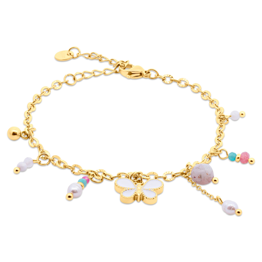 Lovebird Armband mit Schmetterling, Kristallen und Beads Edelstahl IPG