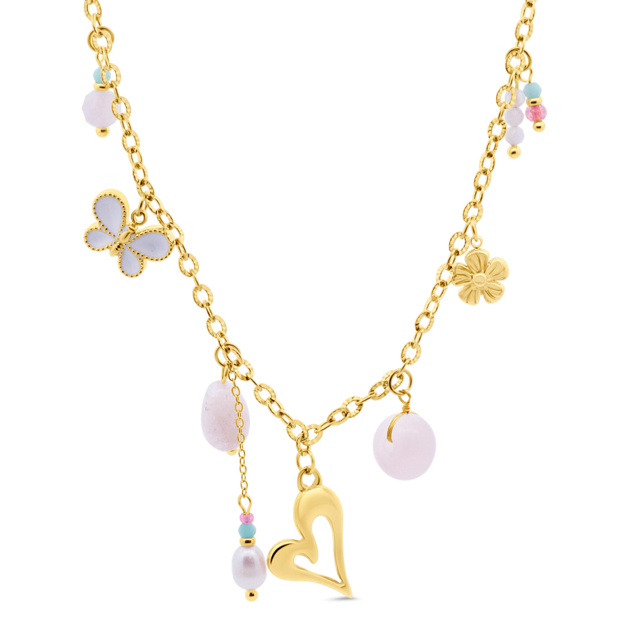 Lovebird Collier mit Herz, Schmetterling, Blume und Bead Edelstahl IPG